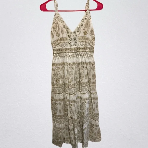 Anthropologie Cream and Tan Maxi Dress